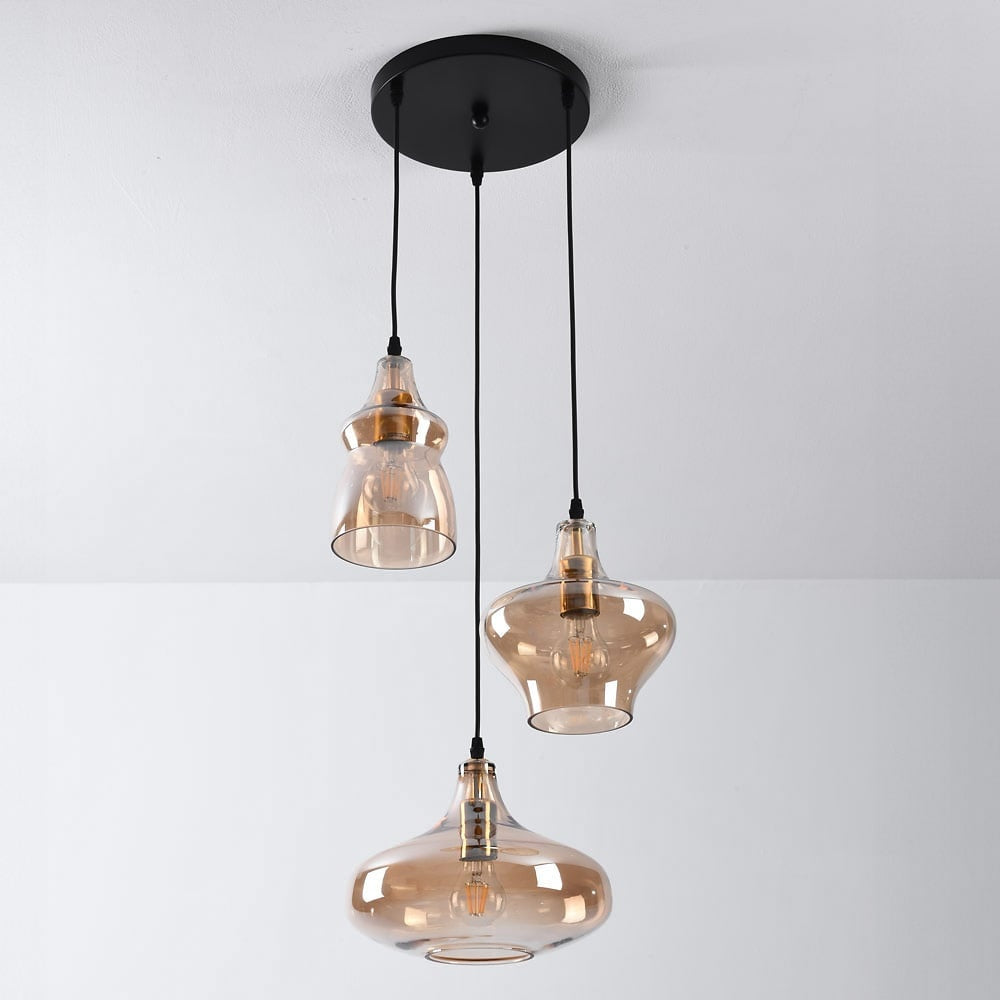 Brixton Industrial Triple Pendant Light — Black & Amber Glass