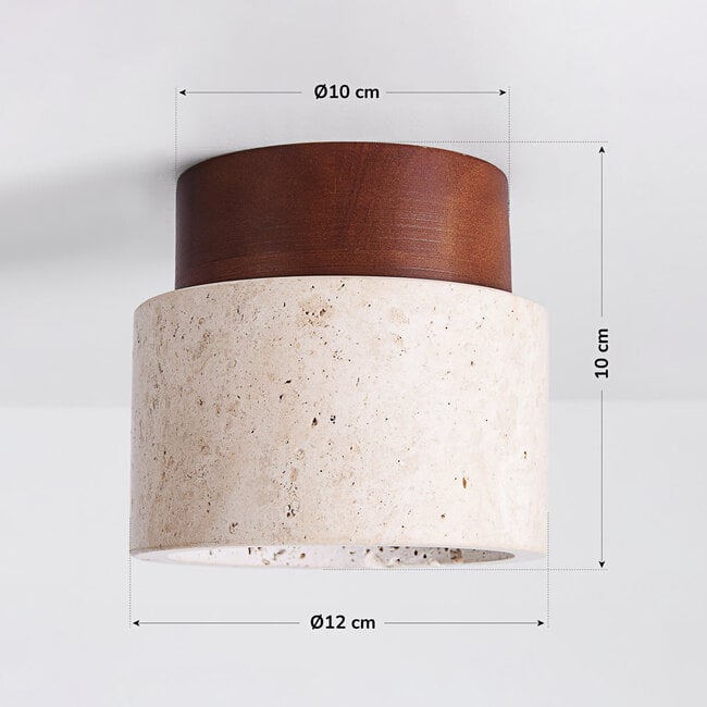 Dimensions for Tavira Flush Round Ceiling Light — Natural Stone, Dark Wood