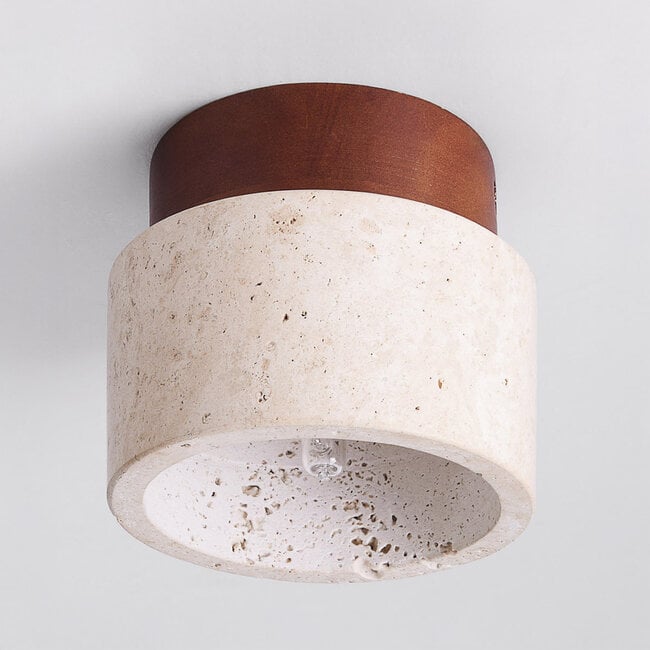 Tavira Flush Round Ceiling Light — Natural Stone, Dark Wood