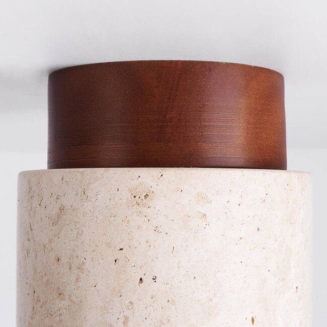 Tavira Flush Round Ceiling Light — Natural Stone, Dark Wood