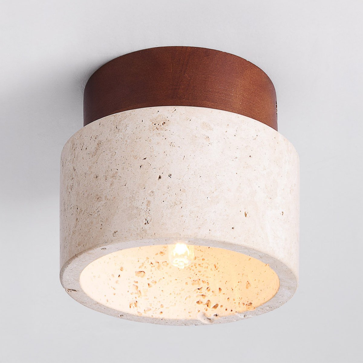 Tavira round flush ceiling light with natural stone detail and dark wood finish