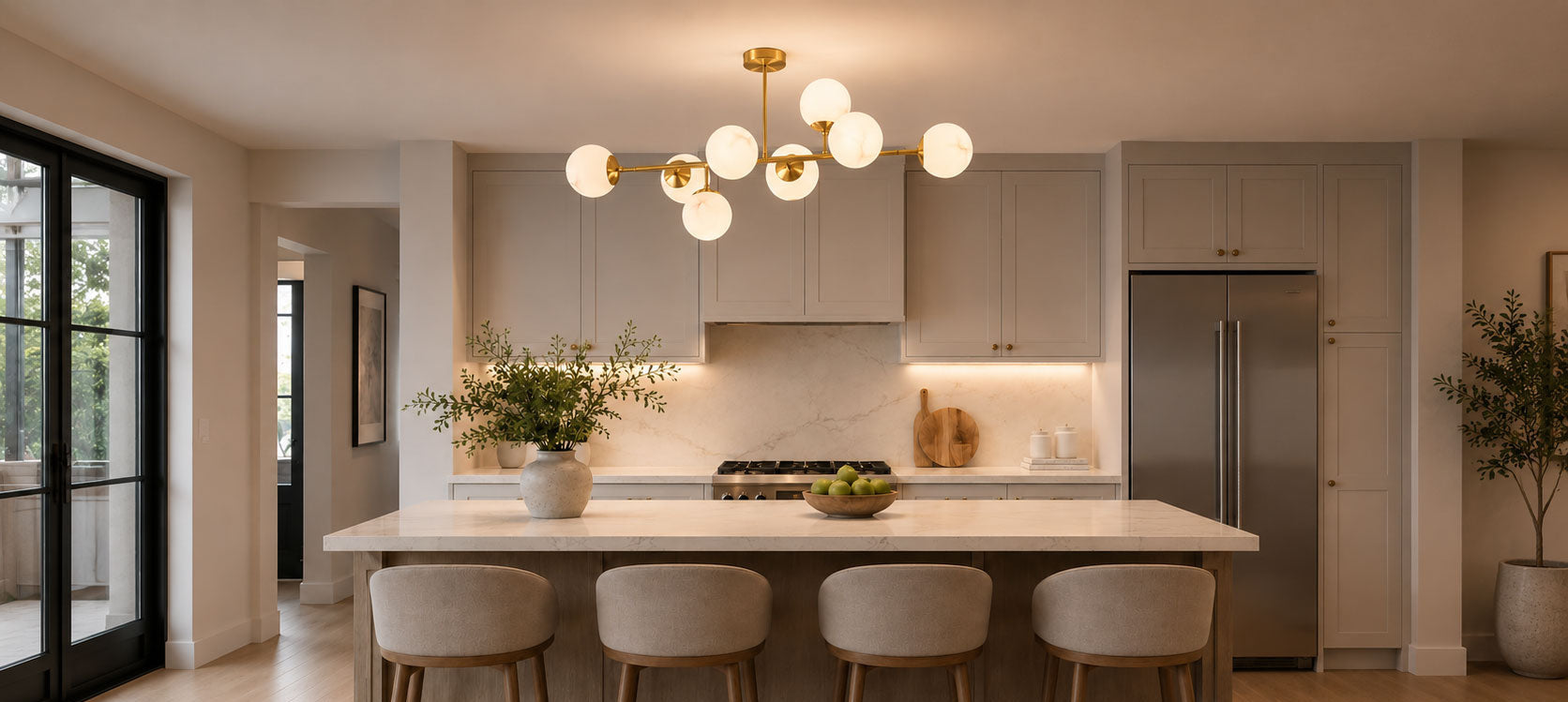 Modern kitchen with island and stools, featuring a chandelier and stainless steel refrigerator.