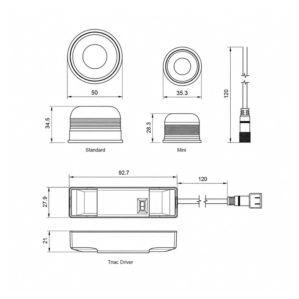 Kanto module and driver dimensions — 35.3mm mini module, 92.7mm triac driver