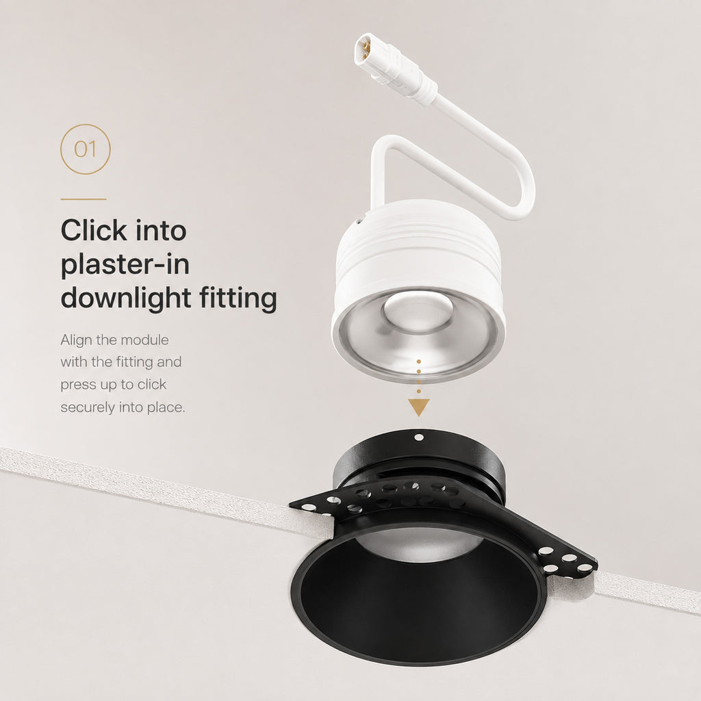 LED module clicking into the Kanto Mini plaster-in downlight fitting