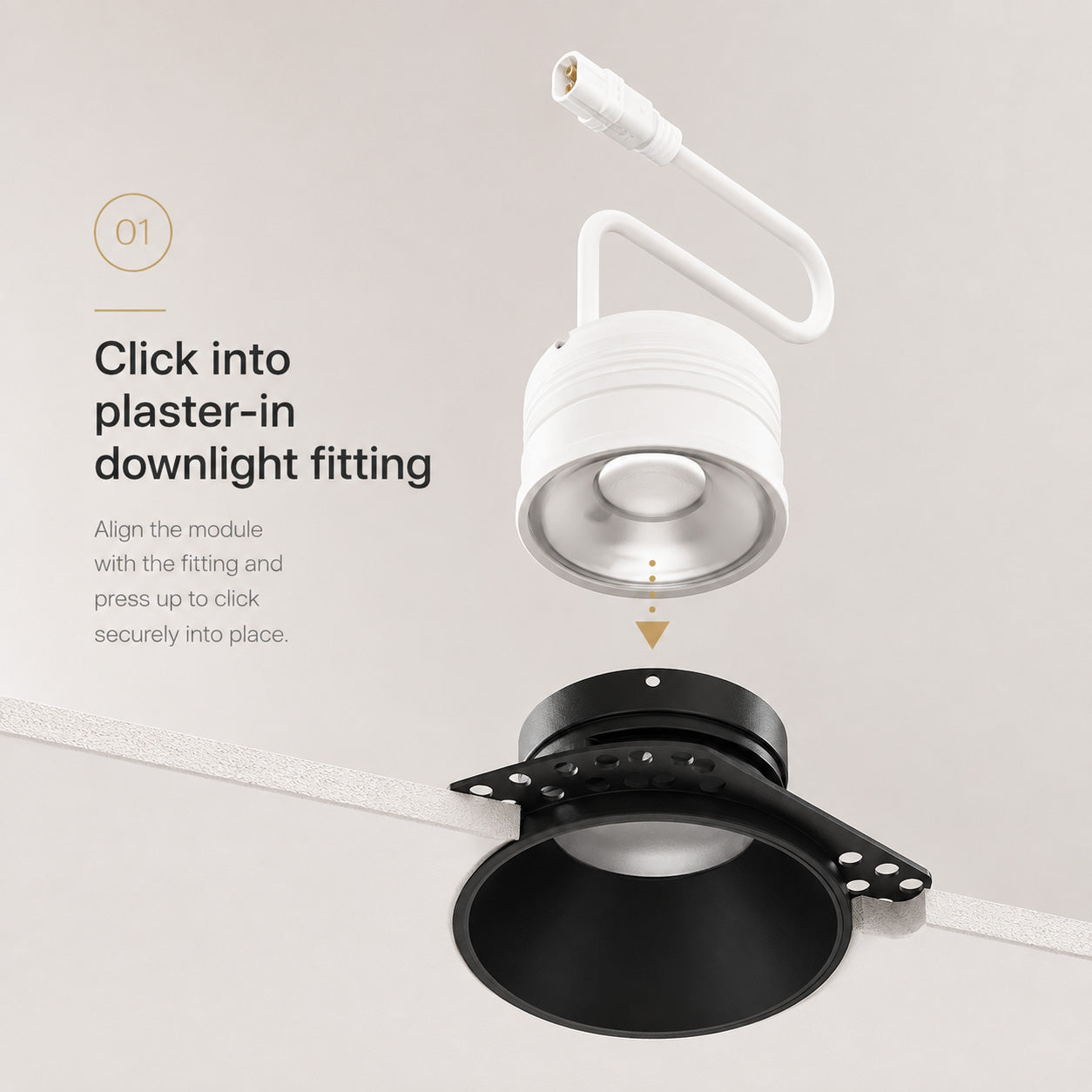 LED module clicking into the Kanto Mini plaster-in downlight fitting