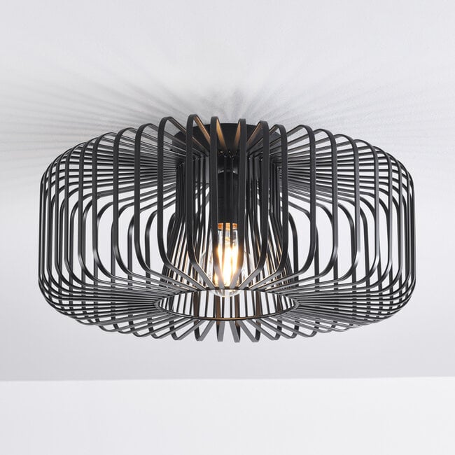 Close-up of Cassio black metal cage pendant light fixture
