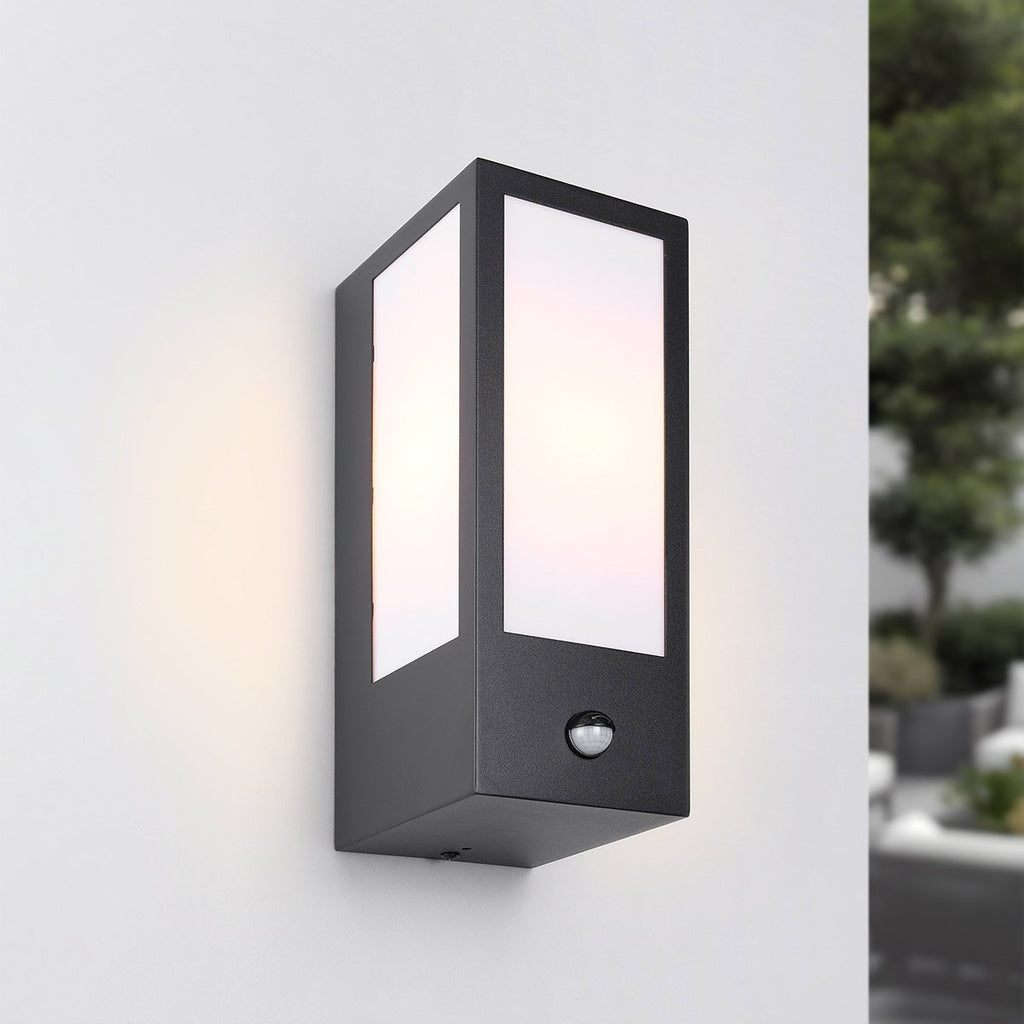 Lyon black aluminium outdoor wall light with PIR motion sensor mounted on exterior wall
