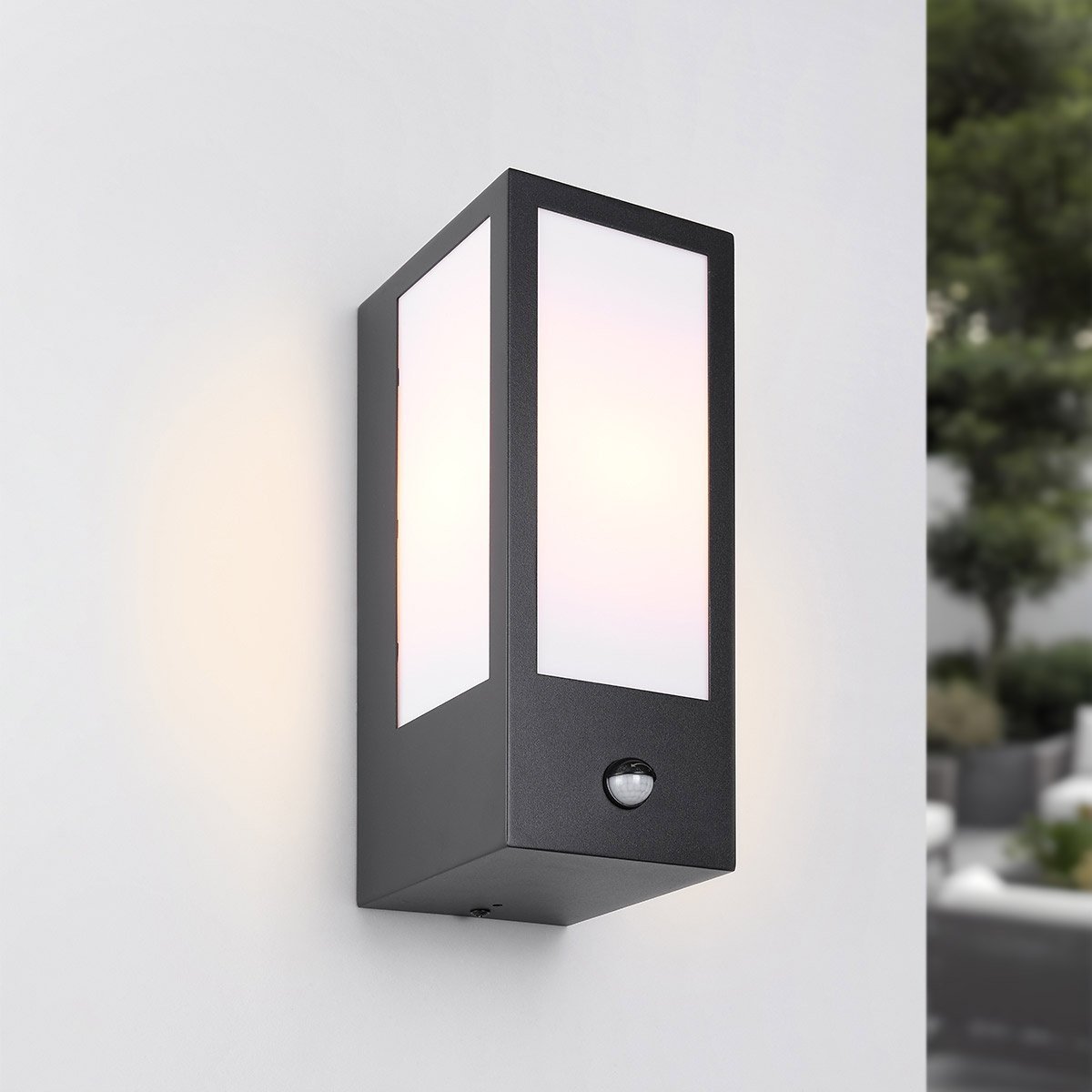 Lyon black aluminium outdoor wall light with PIR motion sensor mounted on exterior wall