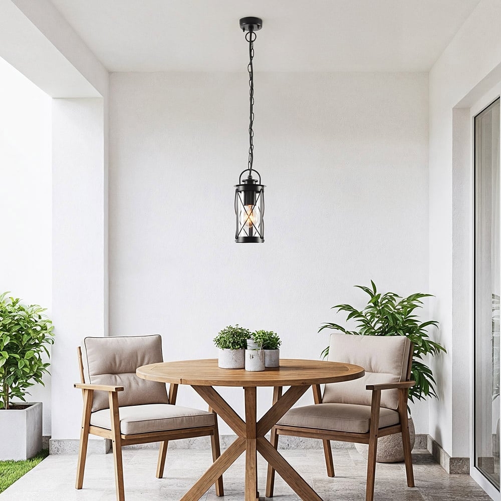 Malmo Lantern Outdoor Pendant Light — Black in a room