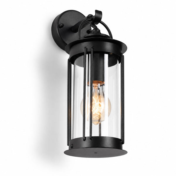 Alicia matt black industrial outdoor wall lantern with clear glass and filament bulb, angled view