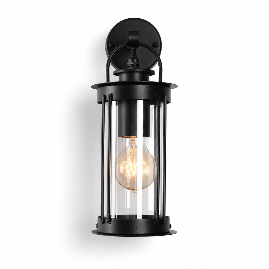 Alicia black caged outdoor wall lantern, front view on white