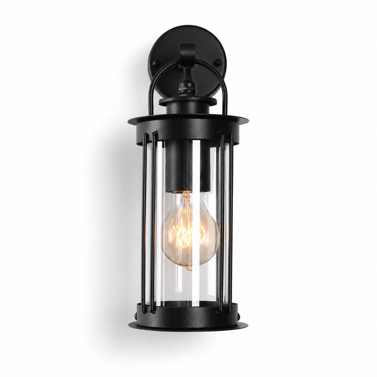 Alicia black caged outdoor wall lantern, front view on white