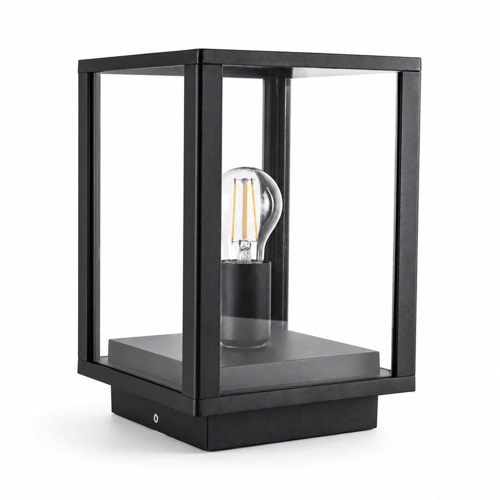 Sem black aluminium glass panel post lantern with E27 filament bulb, front view on white