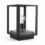 Sem black aluminium glass panel post lantern with E27 filament bulb, front view on white