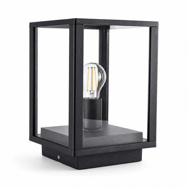Sem black aluminium glass panel post lantern with E27 filament bulb, front view on white
