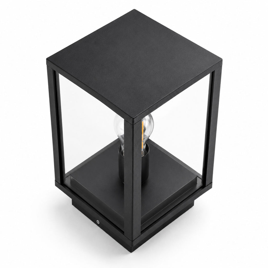 Sem glass panel post lantern in black, angled view of the cube frame and filament bulb