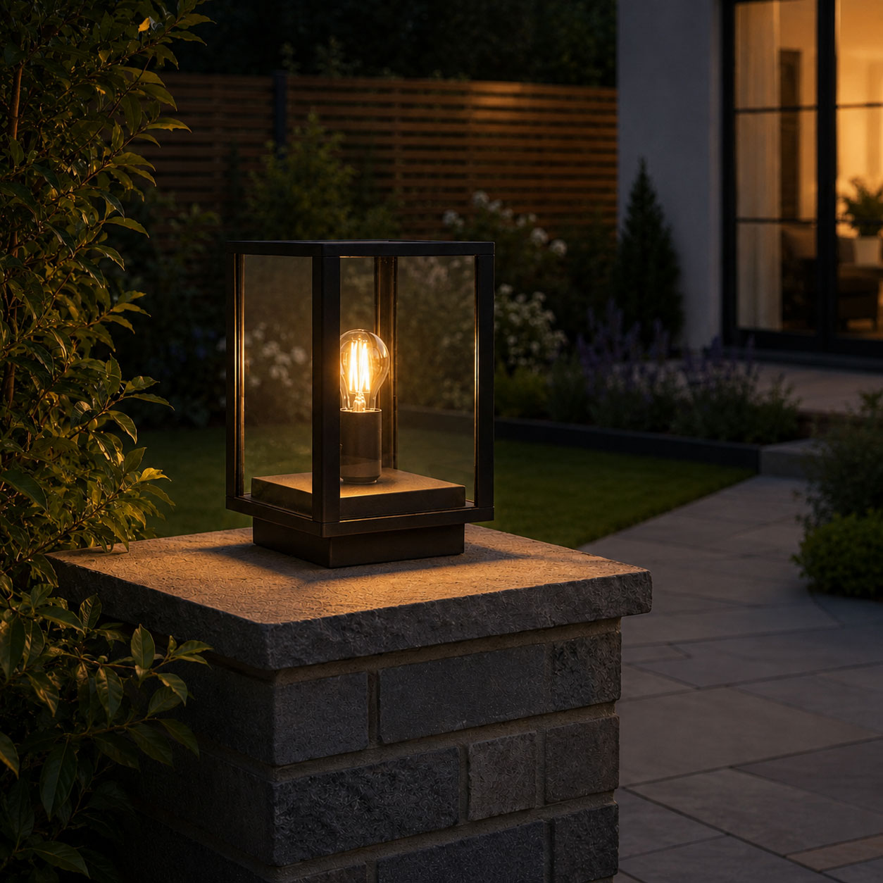 Sem black post lantern lit at dusk on a stone wall in front of a modern house