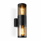 Rouen black stainless steel up and down outdoor wall light with two filament bulbs, angled view