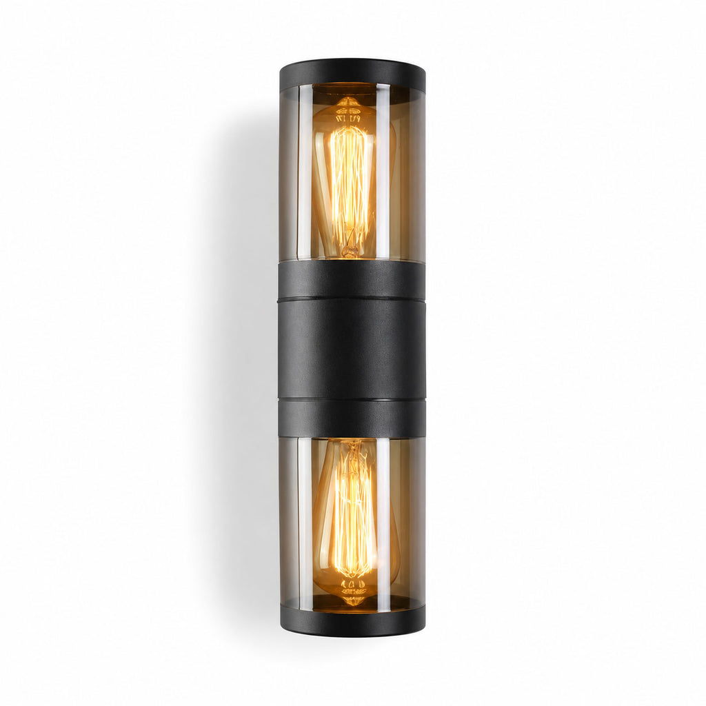 Rouen black double outdoor wall light with clear glass and two filament bulbs, front view