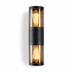 Rouen black double outdoor wall light with clear glass and two filament bulbs, front view