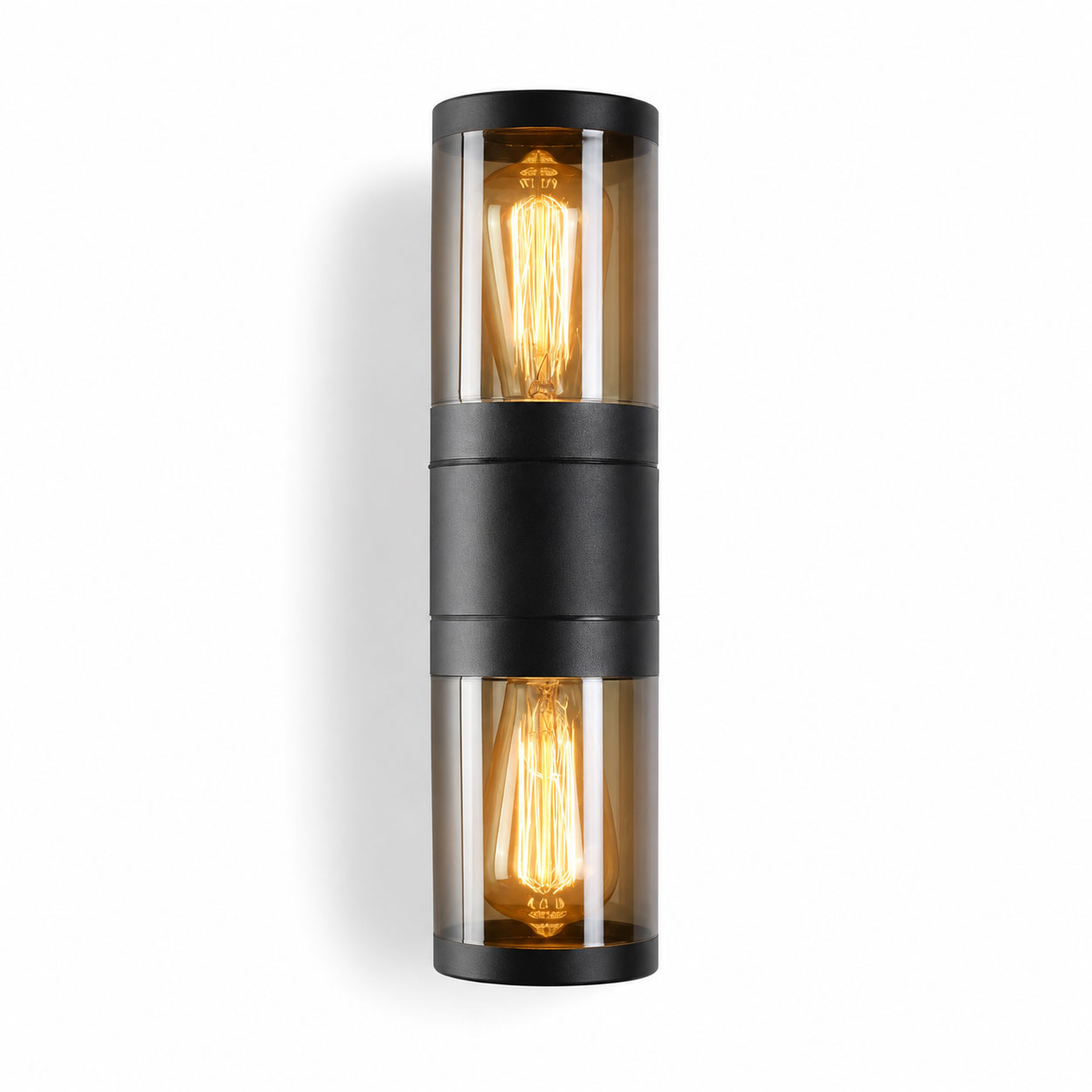 Rouen black double outdoor wall light with clear glass and two filament bulbs, front view