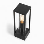 Ted box post lantern in black, angled view showing the open-top lantern frame and filament bulb