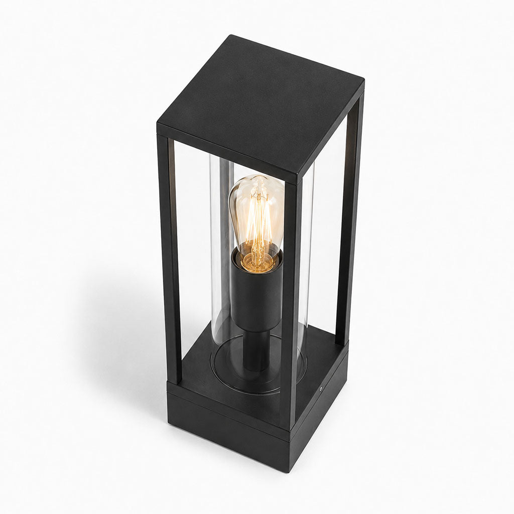 Ted box post lantern in black, angled view showing the open-top lantern frame and filament bulb