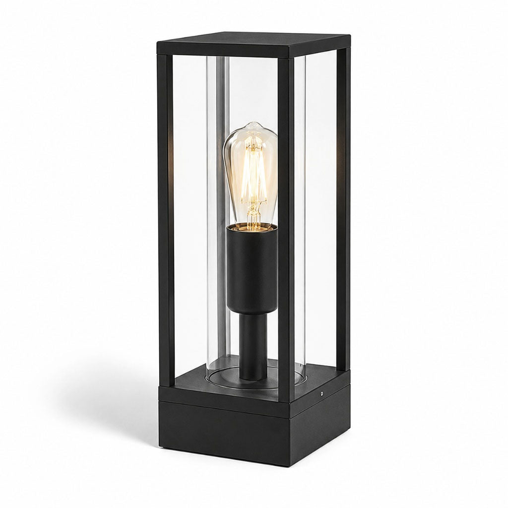 Ted black aluminium box post lantern with clear glass panels and E27 filament bulb, front view