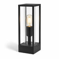 Ted black aluminium box post lantern with clear glass panels and E27 filament bulb, front view