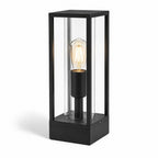 Ted black aluminium box post lantern with clear glass panels and E27 filament bulb, front view