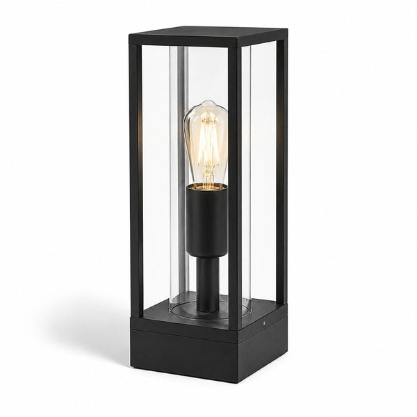 Ted black aluminium box post lantern with clear glass panels and E27 filament bulb, front view