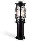 Lucia 40cm black stainless steel rustic bollard light with caged lantern head, on white