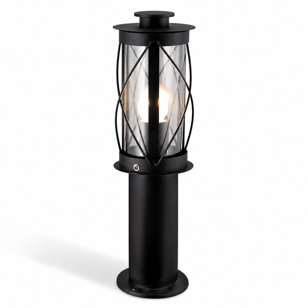 Lucia 40cm black stainless steel rustic bollard light with caged lantern head, on white