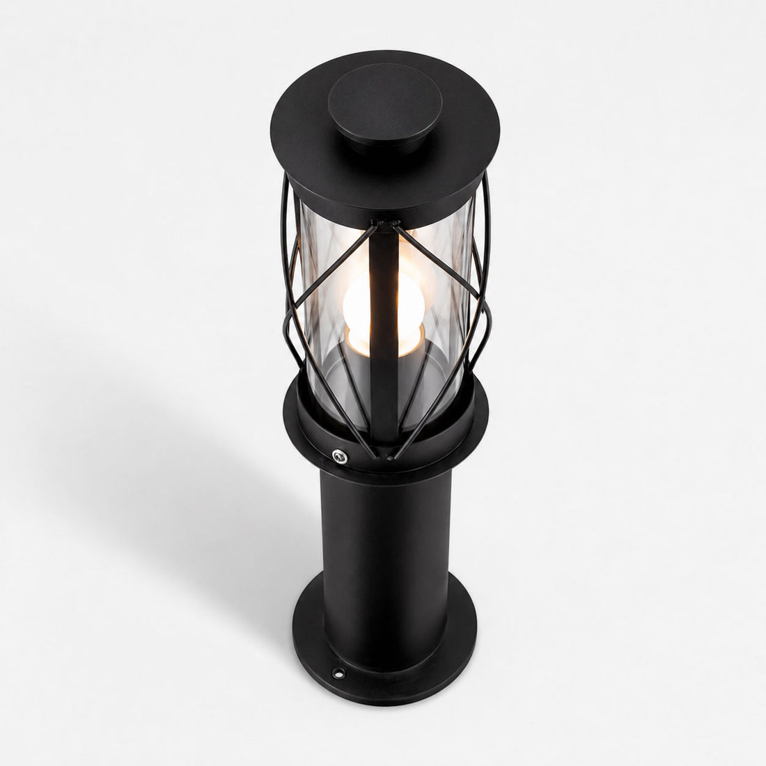 Lucia 40cm black bollard post light, angled view showing the crossed cage and clear glass