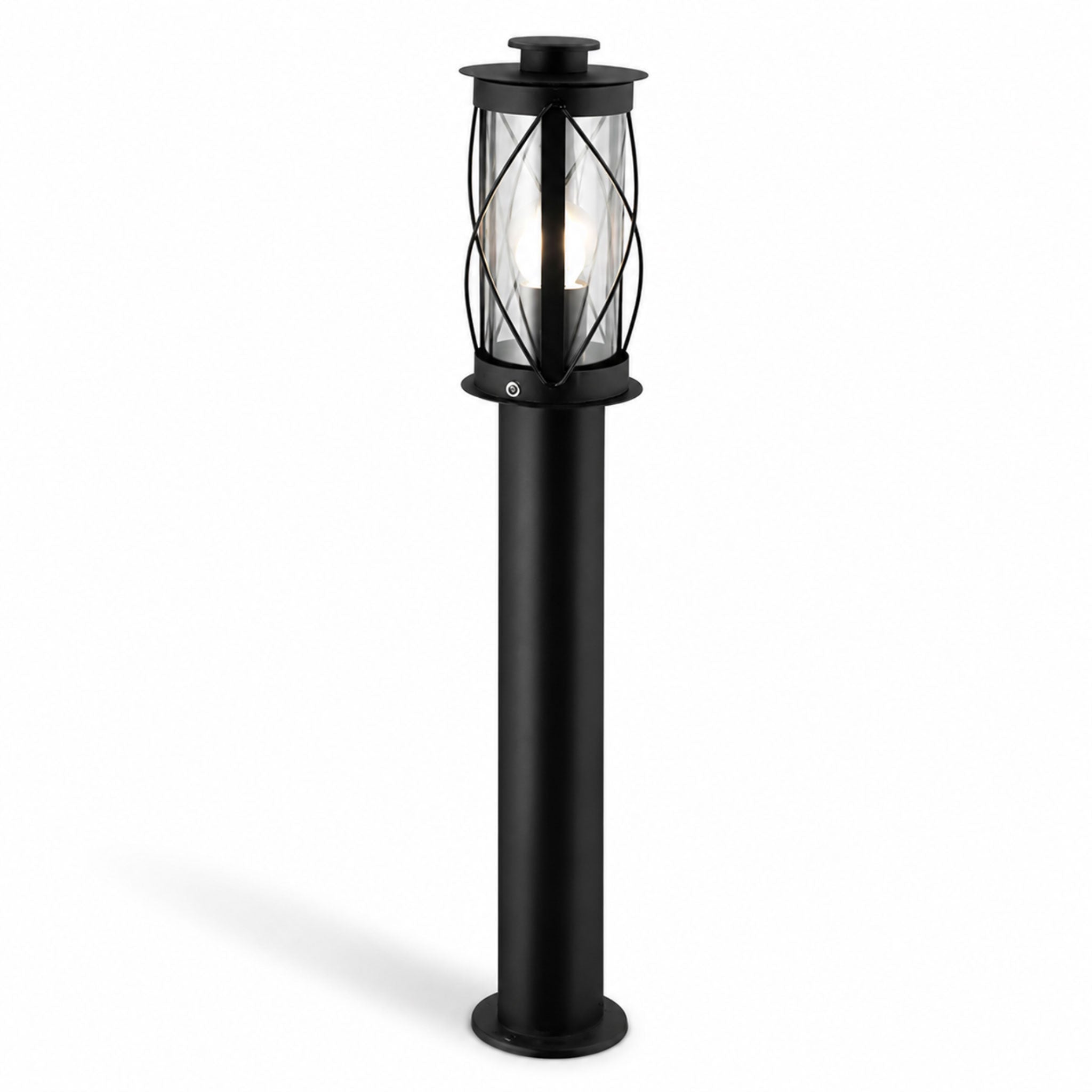 Lucia black stainless steel rustic bollard post light with caged lantern head, on white