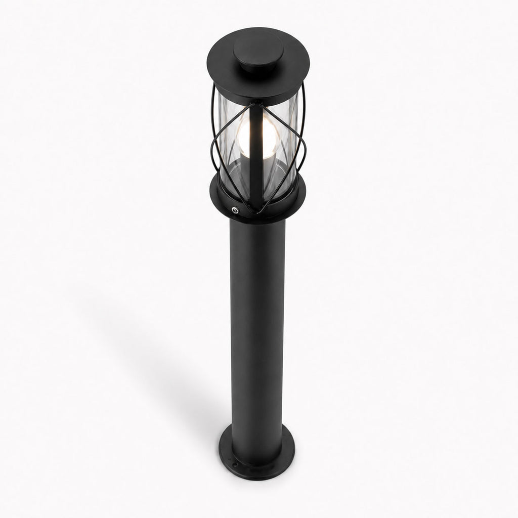Lucia 60cm black rustic bollard post light, angled view on white