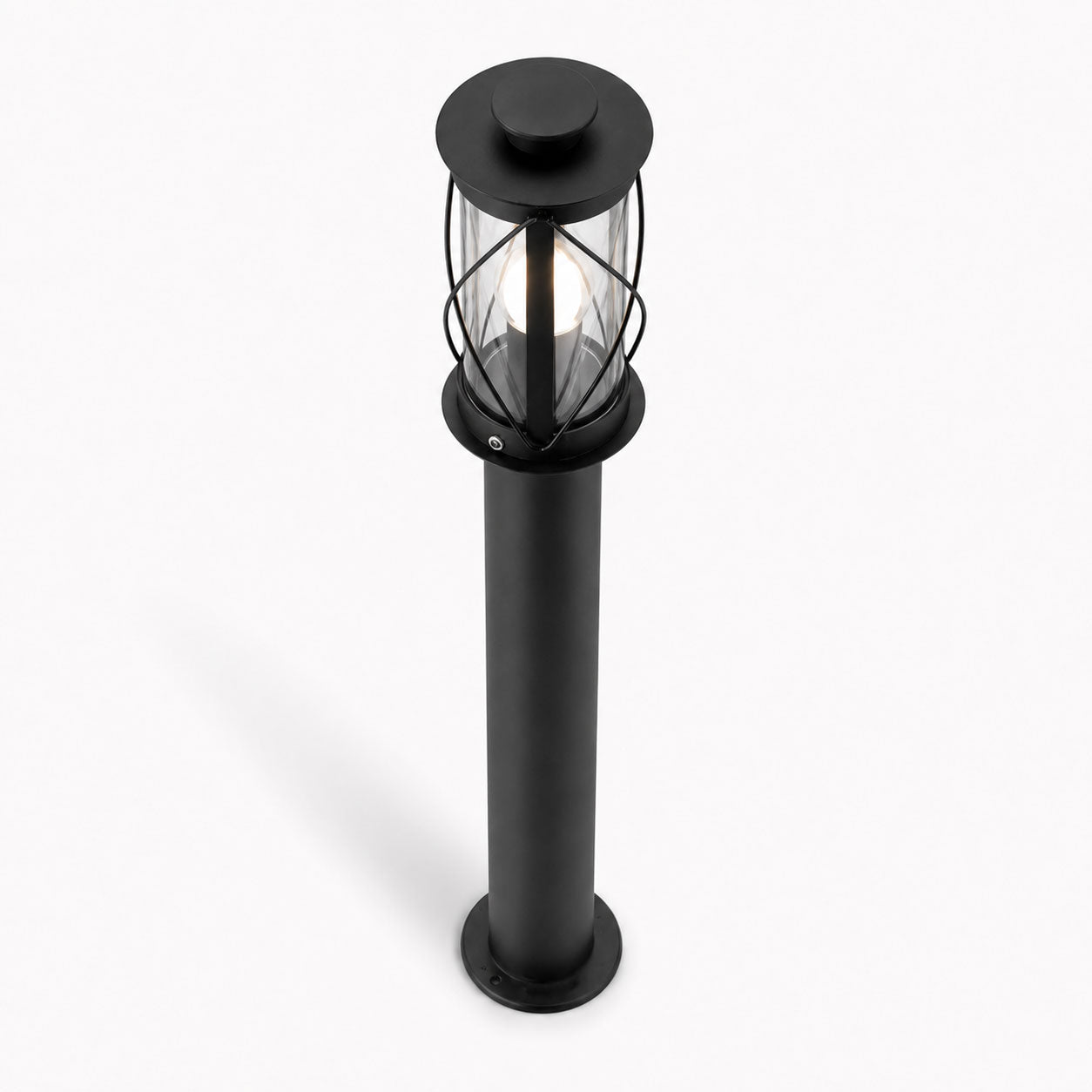 Lucia 60cm black rustic bollard post light, angled view on white