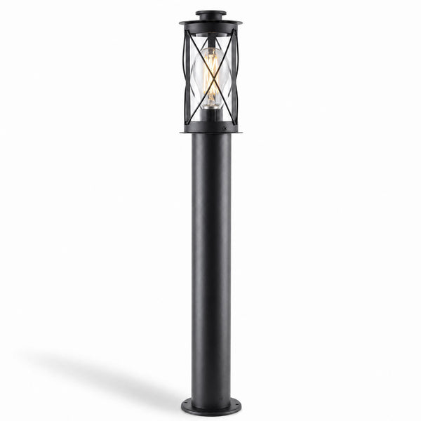 Lucia 80cm black stainless steel rustic bollard post light with caged lantern, on white