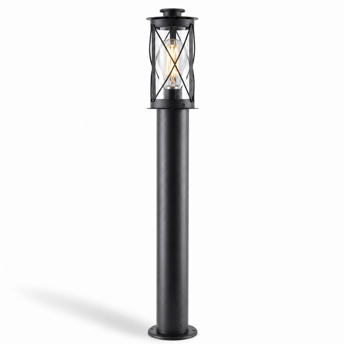 Lucia 80cm black stainless steel rustic bollard post light with caged lantern, on white