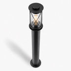 Lucia 80cm black bollard post light, low angled view of the caged lantern head