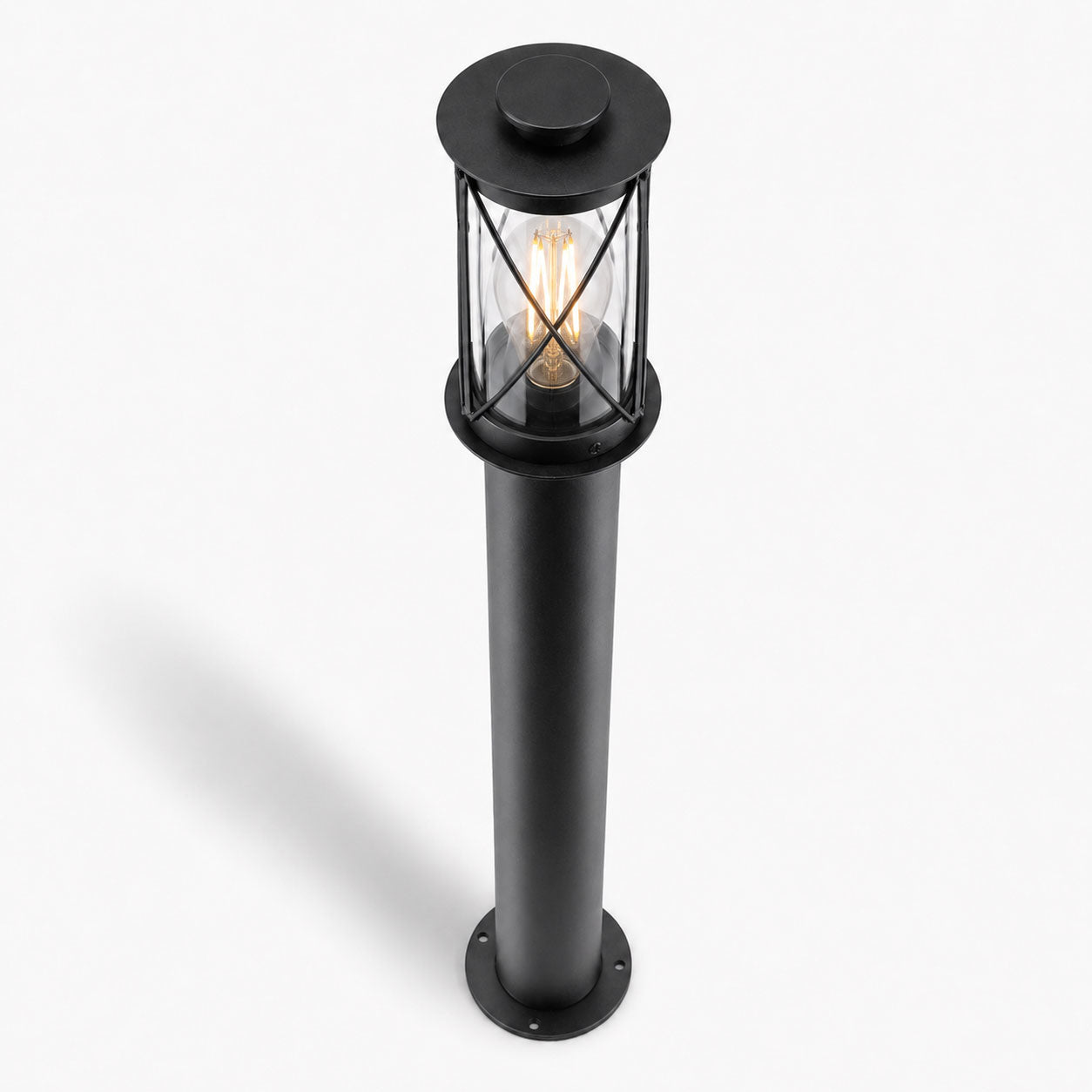 Lucia 80cm black bollard post light, low angled view of the caged lantern head