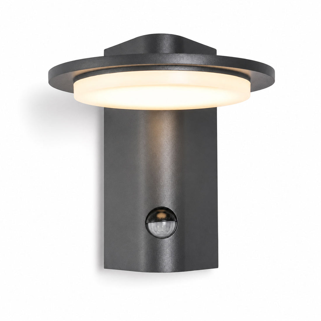 Mayson dark grey PIR sensor outdoor wall light, front view showing the LED disc