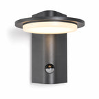 Mayson dark grey PIR sensor outdoor wall light, front view showing the LED disc