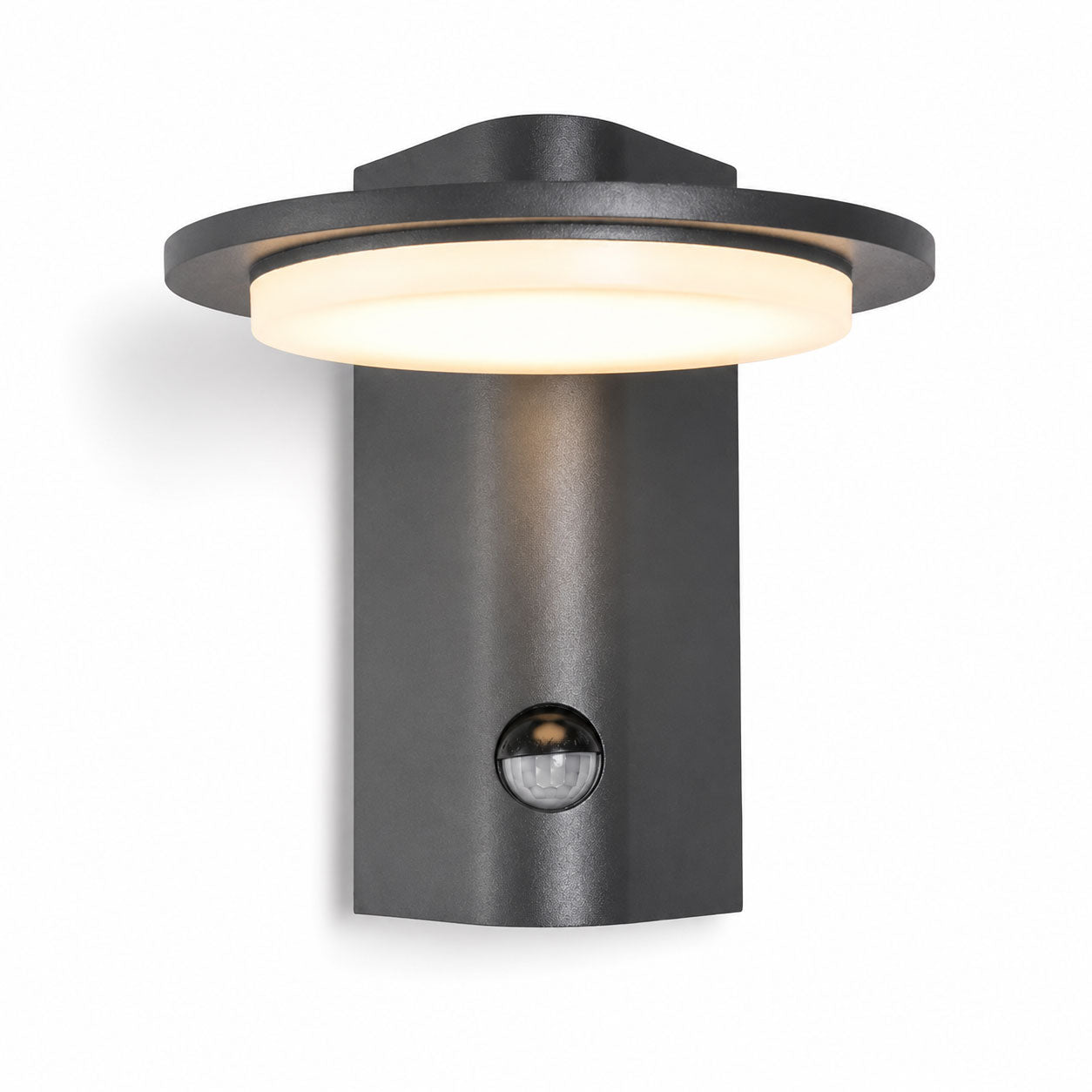 Mayson dark grey PIR sensor outdoor wall light, front view showing the LED disc