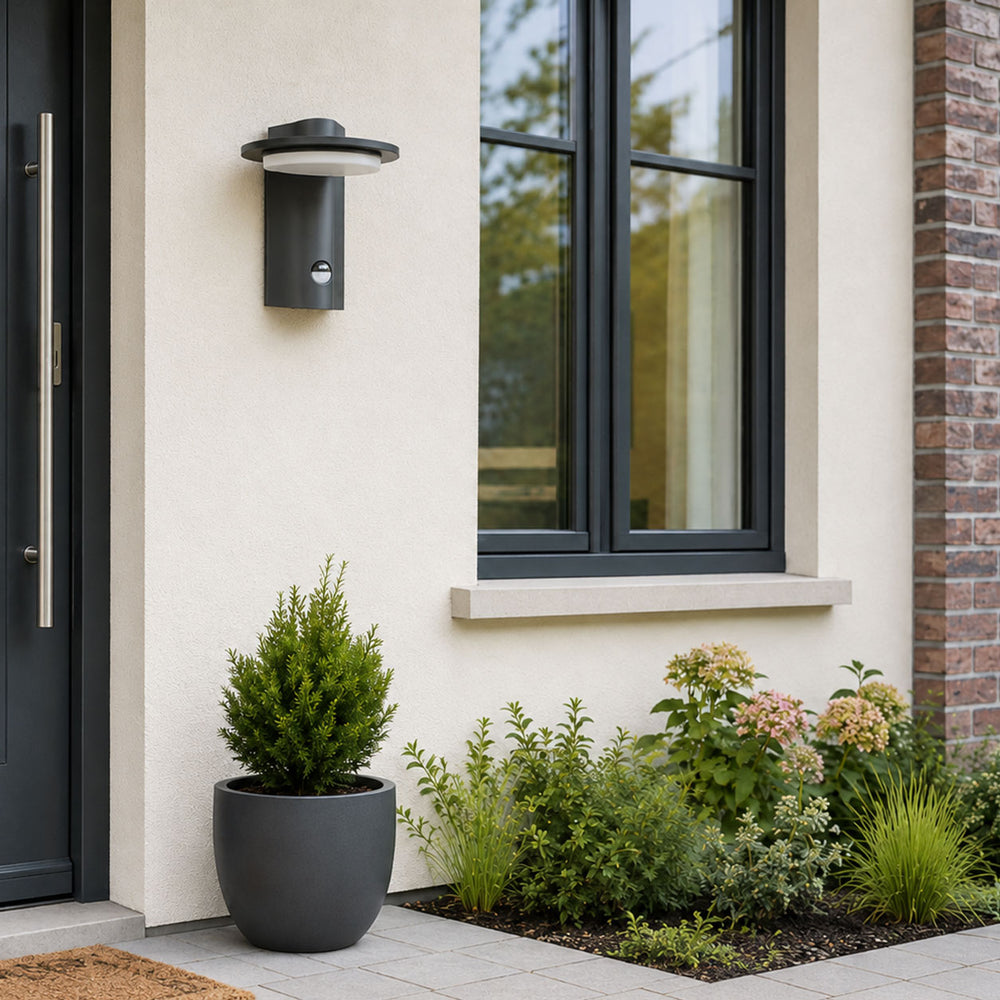 Mayson LED Sensor Outdoor Aluminium Wall Light — Warm White, Dark Grey in a room