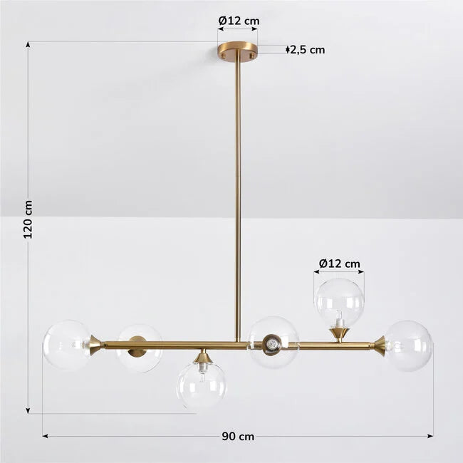 Calla linear pendant dimensions drawing: 90cm wide, 120cm drop, 12cm ceiling rose