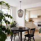 Close-up of Riva grey metal cage pendant shade showing cylindrical design