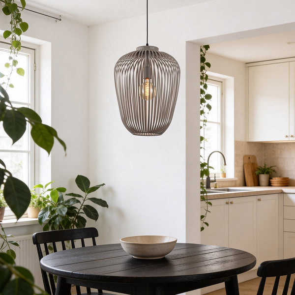 Riva cylindrical cage pendant light in light grey metal finish