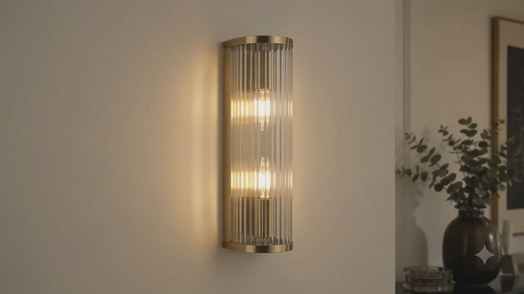 Halo 2-Light Ribbed Wall Sconce — Glass, Antique Brass