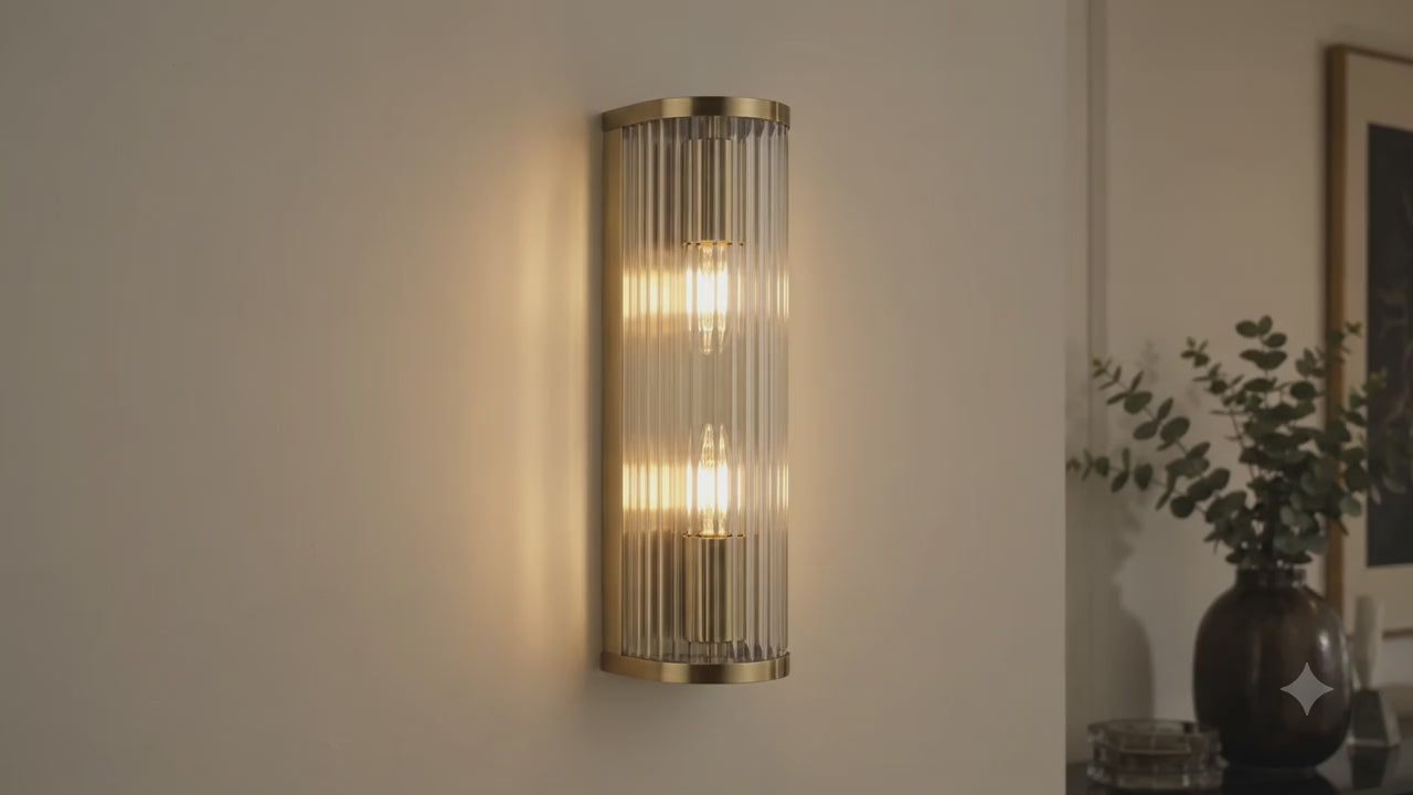 Halo 2-Light Ribbed Wall Sconce — Glass, Antique Brass